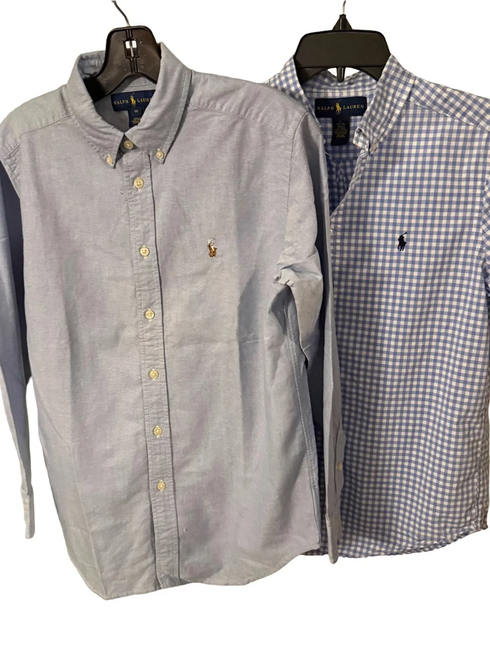 Ralph Lauren Set Of 2 Youth Boys Shirt 1 Blue Oxford, 1 Blue White Gingham Sz L